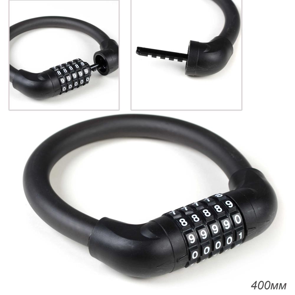 Замок тросовый кодовый R-LOCK 03, 5 разрядов, 400мм, стальной трос антивзлом. плетение, вес 320 гр, чёрный. /уп 100